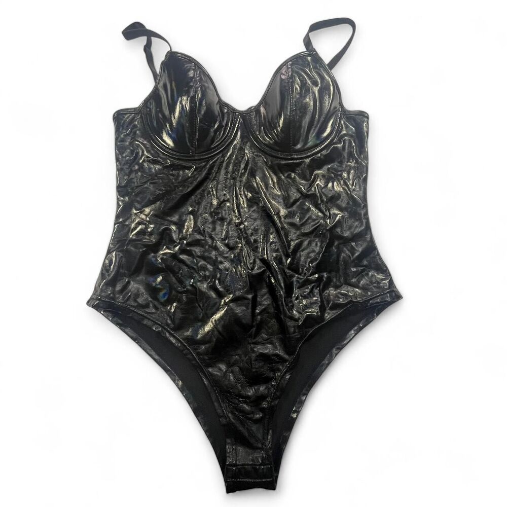 Unbranded Faux Leather Bodysuit Black Cup Support Women's XS (See Size Chart)